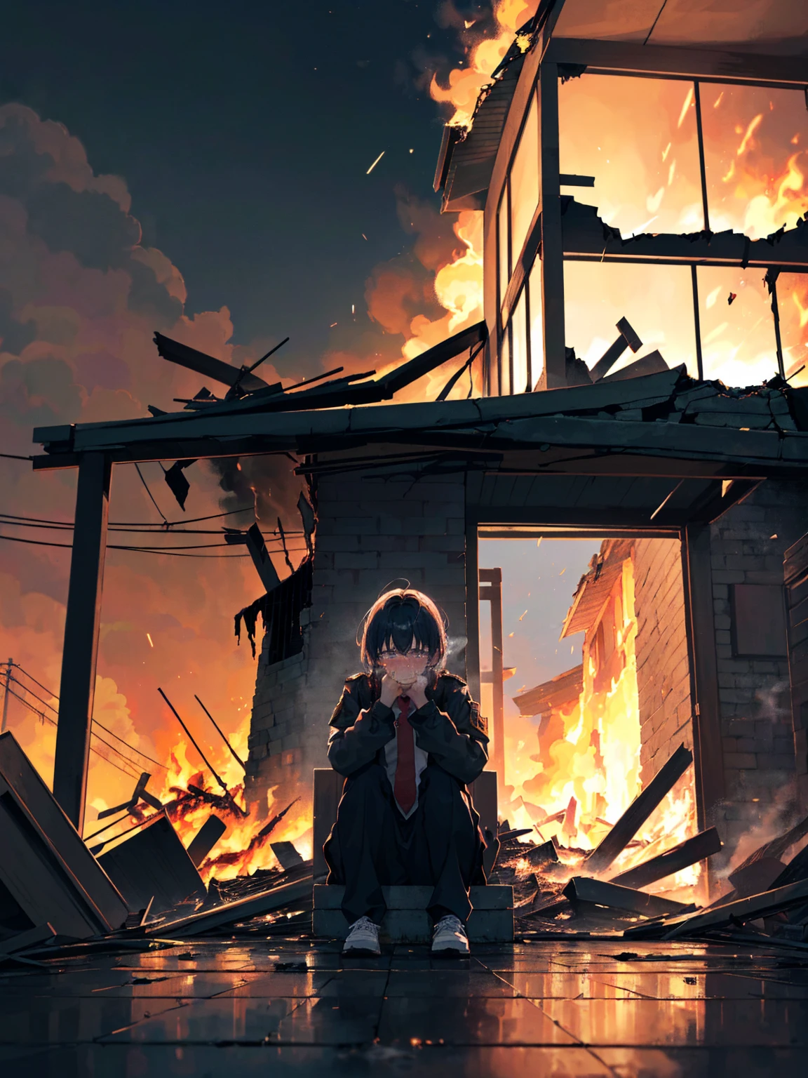 ((A  sitting in the street feeling cold crying, teary hinged eyes, sadness cute face 🥺 )), the background of (night, police lights, smoke outside the destroyed house, flames)