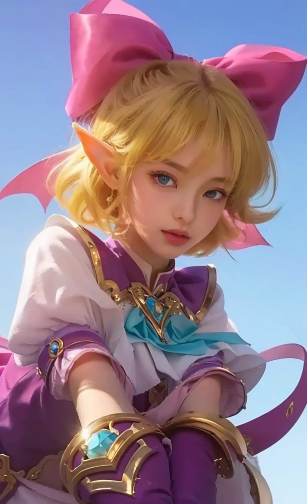a young girl with a pink bow in her hair, beautiful detailed eyes, beautiful detailed lips, extremely detailed face and portrait, longeyelashes, elf girl, anime style, splash art, highly detailed, (best quality,4k,8k,highres,masterpiece:1.2),ultra-detailed,(realistic,photorealistic,photo-realistic:1.37),vivid colors,soft lighting,cute,magical,fantasy