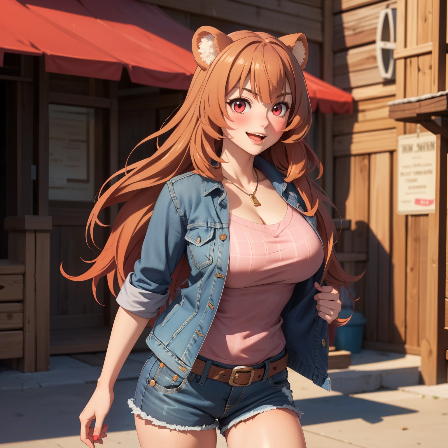 Raphtalia woman 20 years old straight orange hair , rounded bear ears, red eyes like ruby., serious expression, blush,  pale skin, big breasts, cowgirl clothes, low-cut plaid tops, short denim jacket denim shorts, brown cowboy boots, background a town in the old west. SMILE.