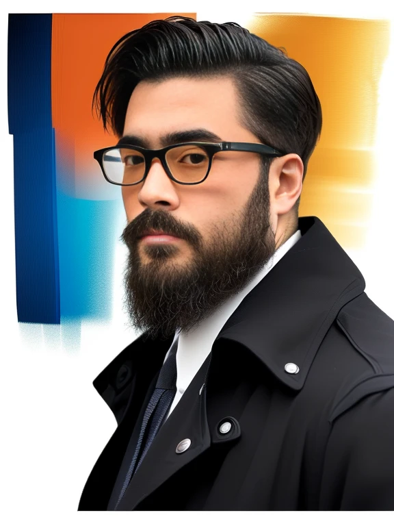 Highest quality, 1 boy, Glasses, Stubble, beard, In abstract art style、Generate a portrait of a man in a black trench coat。The backgrounds and effects are modern.、Outstanding colours and contrast。