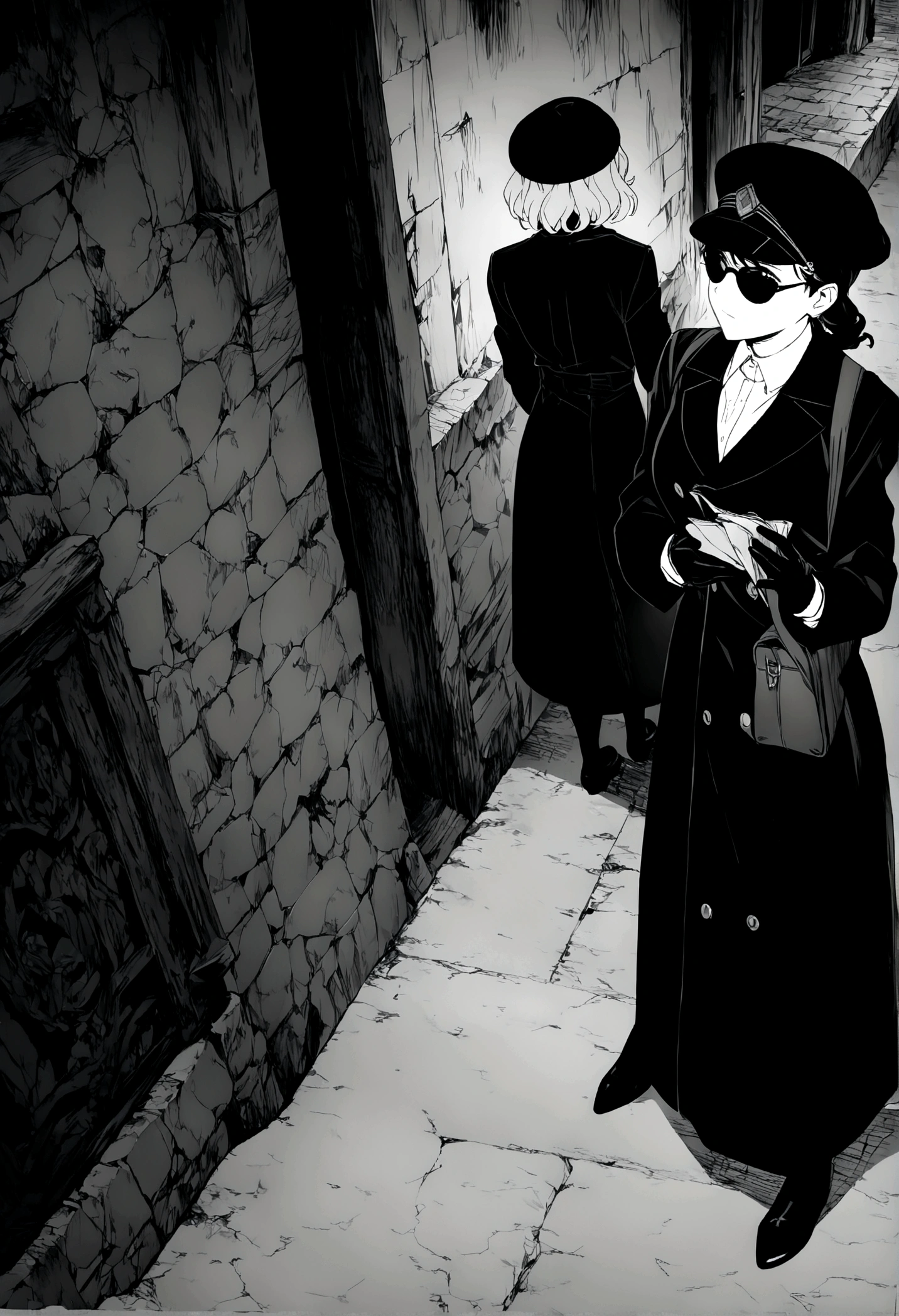 ((masterpiece, highest quality, Highest image quality, High resolution, 8K)), ((Extremely detailed CG unified 8k wallpaper)), ((monochrome)), Screenshot from an old black and white movie, two women having a secret conversation on a street corner, wearing black hats, black sunglasses, black trench coats, black gloves, black shoes, holding an attache case and newspaper in one hand, HD,