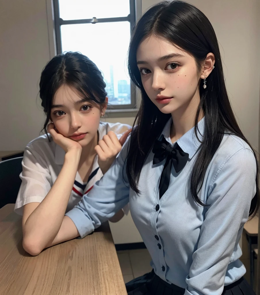 absurdres, RAW photo, extremely delicate and beautiful, masterpiece, Best Quality, ultra high resolution, 32k, hyperrealistic, ultra-detailed, in her 20s, very Slim body, narrow waist, very small head, very small face, delicate facial features, tearful mole, earring, very huge round breasts, ((full body shot)), medium hair, black hair, ((school_uniform)), ((classroom)),