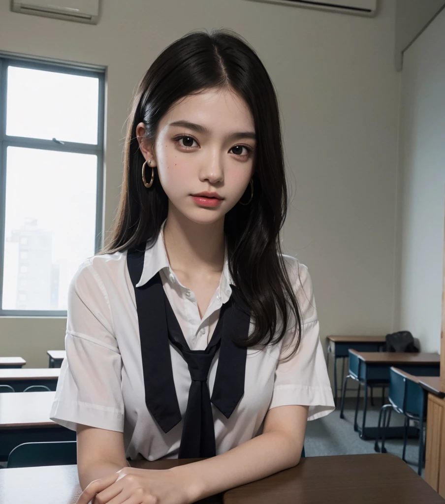 absurdres, RAW photo, extremely delicate and beautiful, masterpiece, Best Quality, ultra high resolution, 32k, hyperrealistic, ultra-detailed, in her 20s, very Slim body, narrow waist, very small head, very small face, delicate facial features, tearful mole, earring, very huge round breasts, ((full body shot)), medium hair, black hair, ((school_uniform)), ((classroom)),