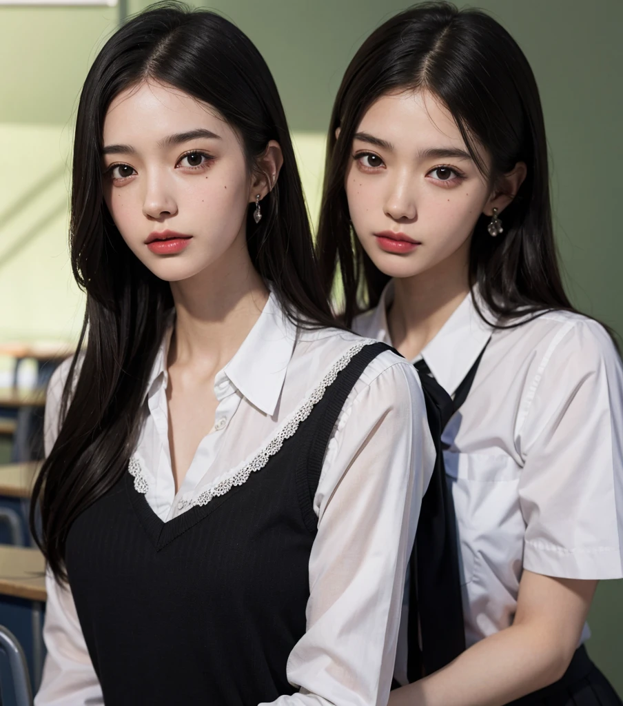 absurdres, RAW photo, extremely delicate and beautiful, masterpiece, Best Quality, ultra high resolution, 32k, hyperrealistic, ultra-detailed, in her 20s, very Slim body, narrow waist, very small head, very small face, delicate facial features, tearful mole, earring, very huge round breasts, ((full body shot)), medium hair, black hair, ((school_uniform)), ((classroom)),