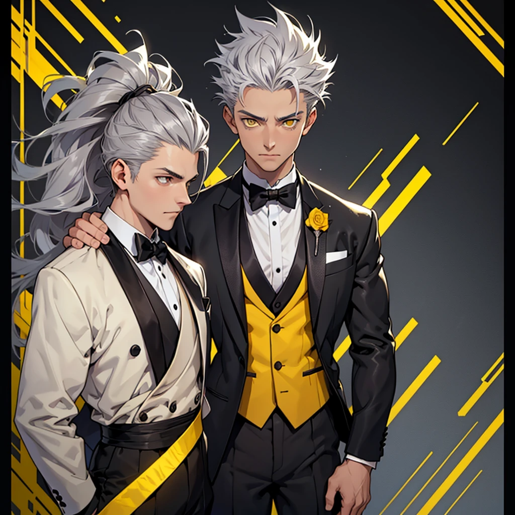 A 15 year old boy, just a boy, just a person, weak body, fragile body, no muscles, big gray hair, gray hair, big hair, yellow eyes, suit, wearing a black suit, tuxedo, wearing tuxedo, medieval background , Ultra HD 4k, 4k, Ultra HD