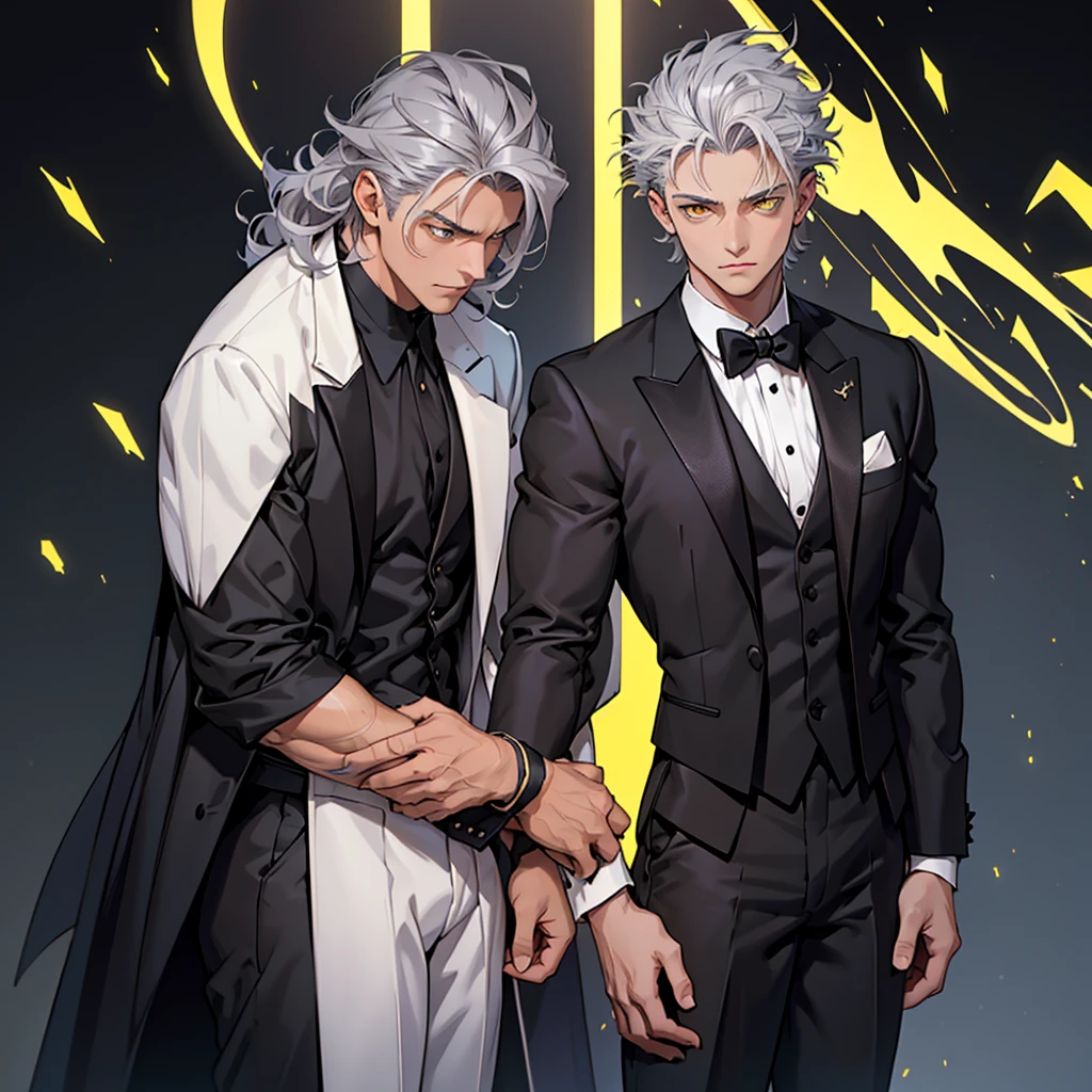 A 15 year old boy, just a boy, just a person, weak body, fragile body, no muscles, big gray hair, gray hair, big hair, yellow eyes, suit, wearing a black suit, tuxedo, wearing tuxedo, medieval background , Ultra HD 4k, 4k, Ultra HD