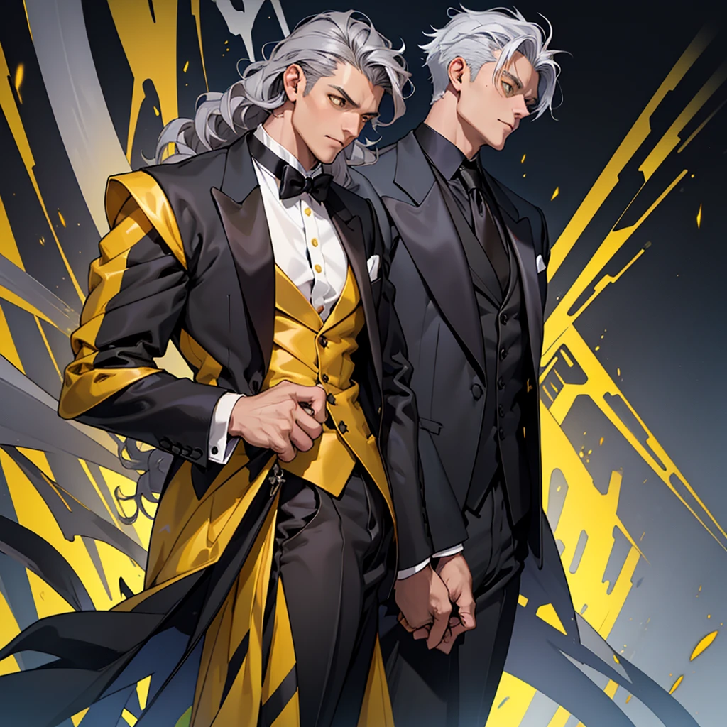 A 15 year old boy, just a boy, just a person, weak body, fragile body, no muscles, big gray hair, gray hair, big hair, yellow eyes, suit, wearing a black suit, tuxedo, wearing tuxedo, medieval background , Ultra HD 4k, 4k, Ultra HD