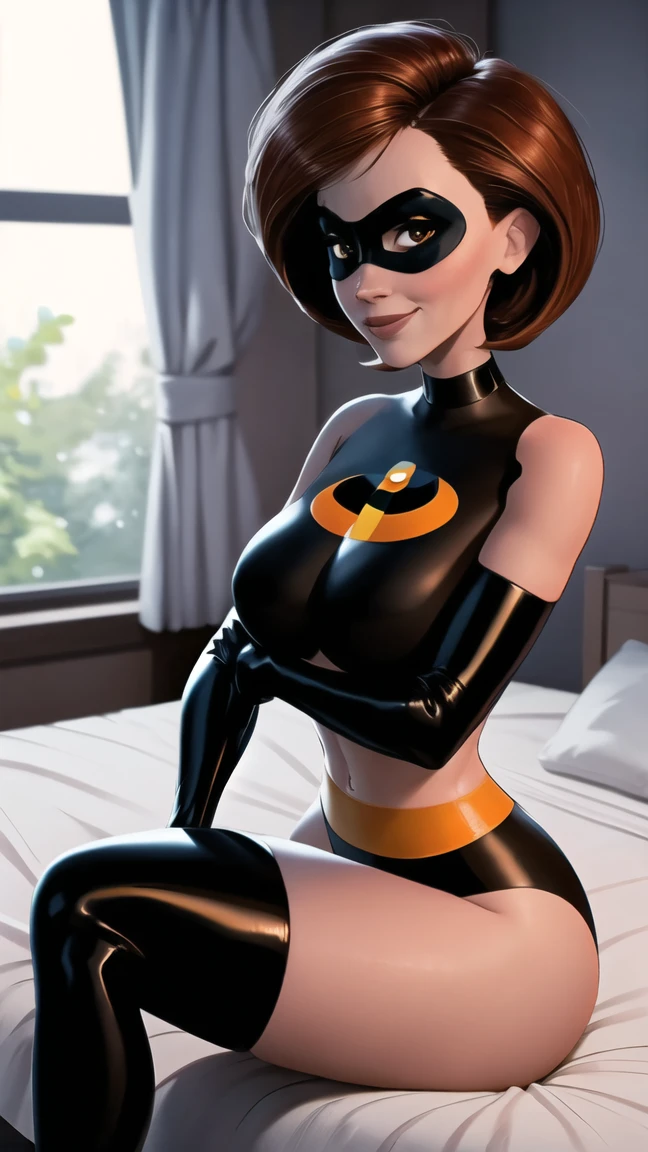 (masterpiece), best quality, depth of field, 1girl, solo, looking at viewer, smilling,breasts, helenparr, domino mask, mask, bodysuit, elbow gloves, thighhighs, thigh boots, wide hips, sitting on bed edge, legs crossed, at the son's bedroom