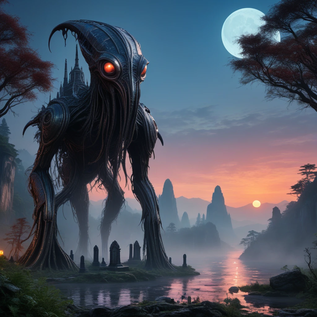 full body length,niobium fawn from star wars,native indian,ominous landscape, opal goblin,Obsidian atmosphere,flying islands,dangerous atmosphere,intricate details,realistic humid skin,extremely intricate details,Epic Realistic, cinematic style,dramatic light,anatomically correct,eyes extremely detailed, high detailed eyes,UHD,Retina,HDR,Cinematic, Technicolor,natural skin textures, hyper realism, hyper detailed,High contrast,Realism,Ultra Detailed,irina yermolova,close full body shot, masterpiece,faded,16k resolution, Nikon Z9,The Alien Entity,sunset,Zhangjiajie National Forest Park of China,Madness evil landscape. Tentacles rising from the abyss, polluted river, macabre cemetery, bloody moon, unreal engine, UHD sketch color drawing