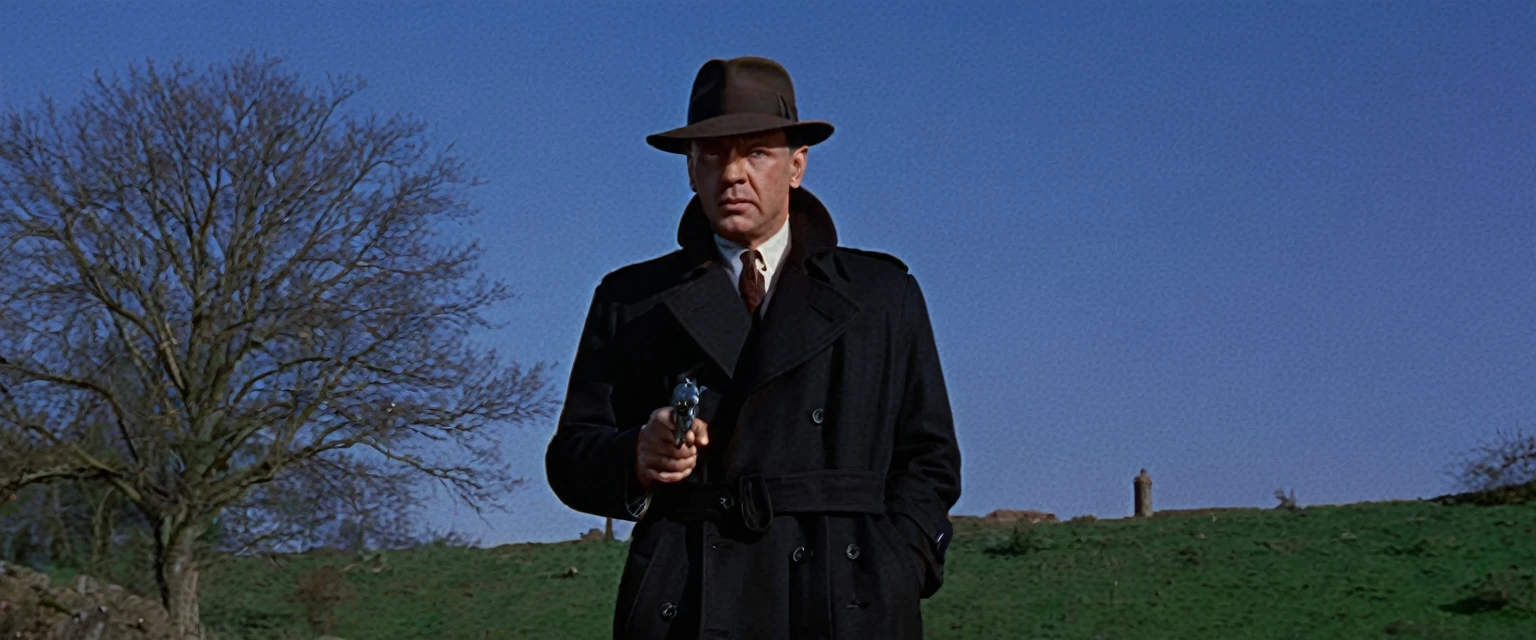 score_9, score_8_up, score_7_up, source_photo, photography, realistic, , detailed, cinematic angle, rating from side, safe, Wide shot, 1boy, 45years old, Eliot Ness in Black Trench Coat is holding a peacemaker to viewer, masterpiece, 8k,