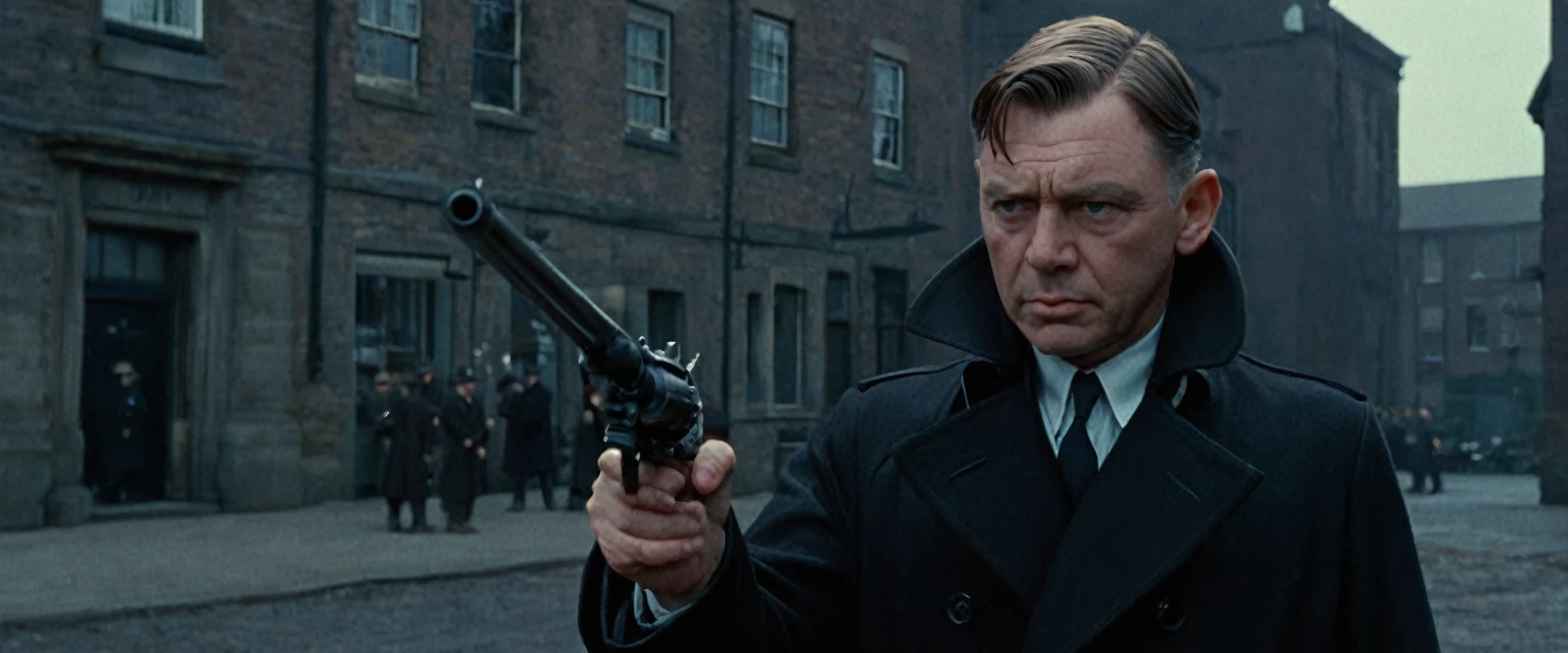 score_9, score_8_up, score_7_up, source_photo, photography, realistic, , detailed, cinematic angle, rating from side, safe, Wide shot, 1boy, 45years old, Eliot Ness in Black Trench Coat is holding a peacemaker to viewer, masterpiece, 8k,