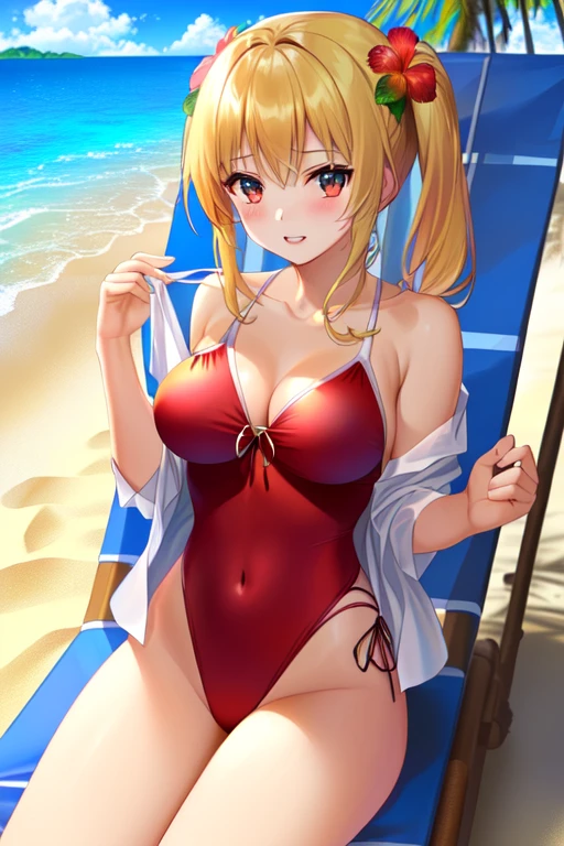 creates an anime girl in a red swimsuit taking off a white blouse 24 years old in a tropical beach landscape and sitting on a beach chair