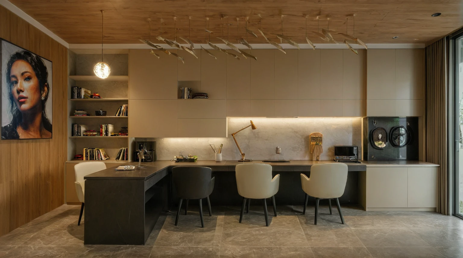Raw photo, Masterpiece, high quality, best quality, authentic, super detail, interior, indoors, style modern, minimalist line, wooden, oak wood, led light, beige paint wall, sofa, daylight, atrium, LIVING ROOM, PEN HOUSE, kitchen, island kitchen, alu window, japan style, wasabi style, Jen style, steel stair,