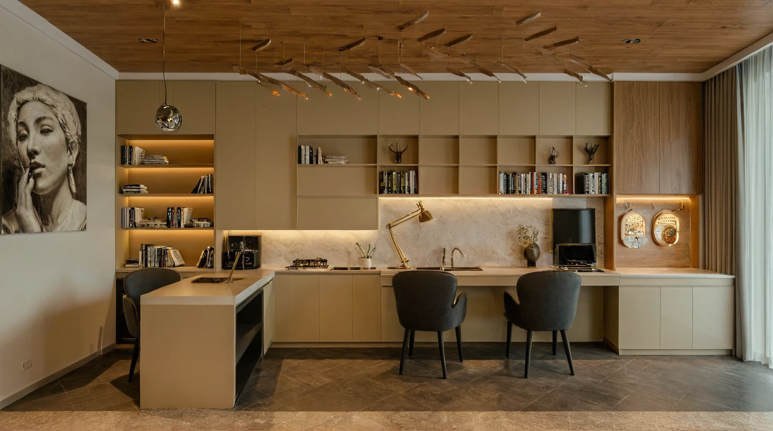 Raw photo, Masterpiece, high quality, best quality, authentic, super detail, interior, indoors, style modern, minimalist line, wooden, oak wood, led light, beige paint wall, sofa, daylight, atrium, LIVING ROOM, PEN HOUSE, kitchen, island kitchen, alu window, japan style, wasabi style, Jen style, steel stair,