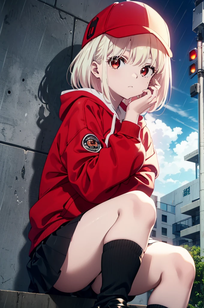 , Chisato Nishikigi, long, bangs, Blonde, (Red eyes:1.5), Baseball cap,Oversized red hoodie,mini skirt,Black knee socks,short boots,sitting leaning against the wall,rain,cloudy,Hide under the roof,whole bodyがイラストに入るように,
break outdoors, alley,
break looking at viewer, whole body,
break (masterpiece:1.2), Highest quality, High resolution, unity 8k wallpaper, (shape:0.8), (Beautiful attention to detail:1.6), extレムely detailed face, Perfect lighting, extレムely detailed CG, (Perfect hands, Perfect Anatomy),