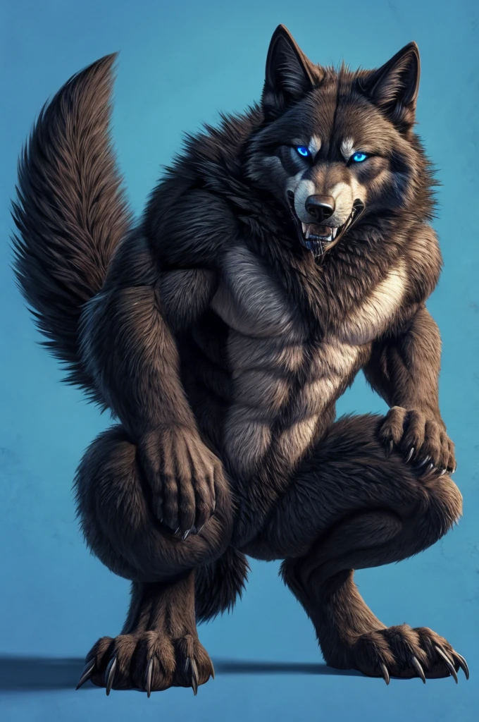 Perspective from below black wolf naked male furry legs apart looking down blue background squat pose blue eyes serious look claws on knees fluffy tail scars growling salivating