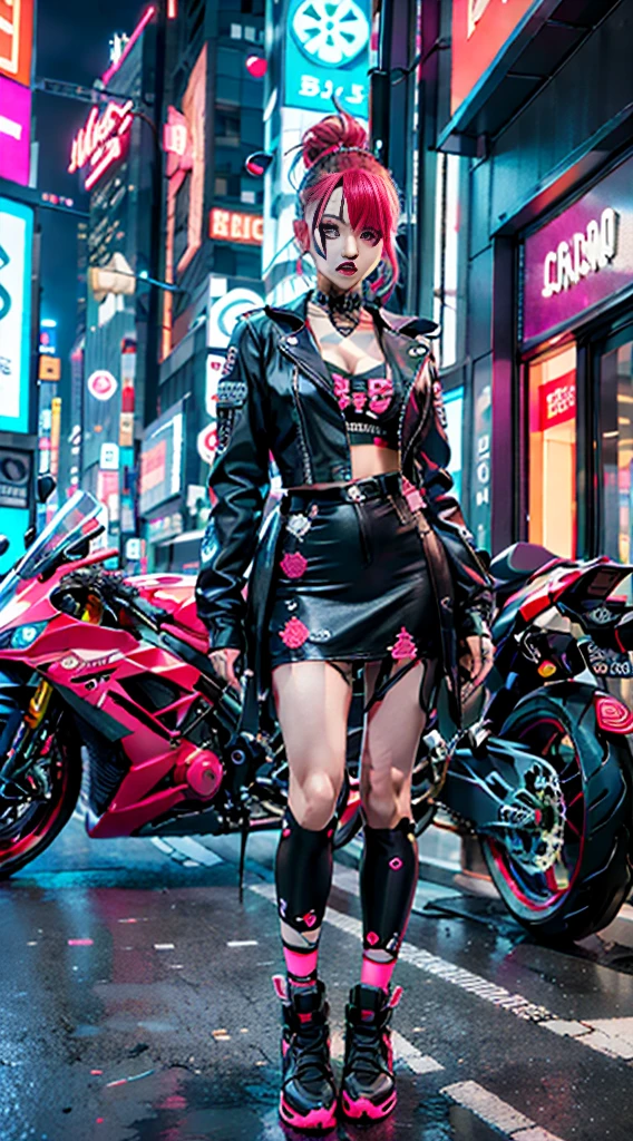 masterpiece, best quality, Confident cyberpunk girl, full body shot, ((standing in front of motorcycle)), Harajuku-inspired pop outfit, bold colors and patterns, eye-catching accessories, trendy and innovative hairstyle, vibrant makeup, Cyberpunk dazzling cityscape, skyscrapers, neon signs, LED lights, bright and vivid color scheme, anime, illustration, detailed skin texture, detailed cloth texture, beautiful detailed face, intricate details, ultra detailed.