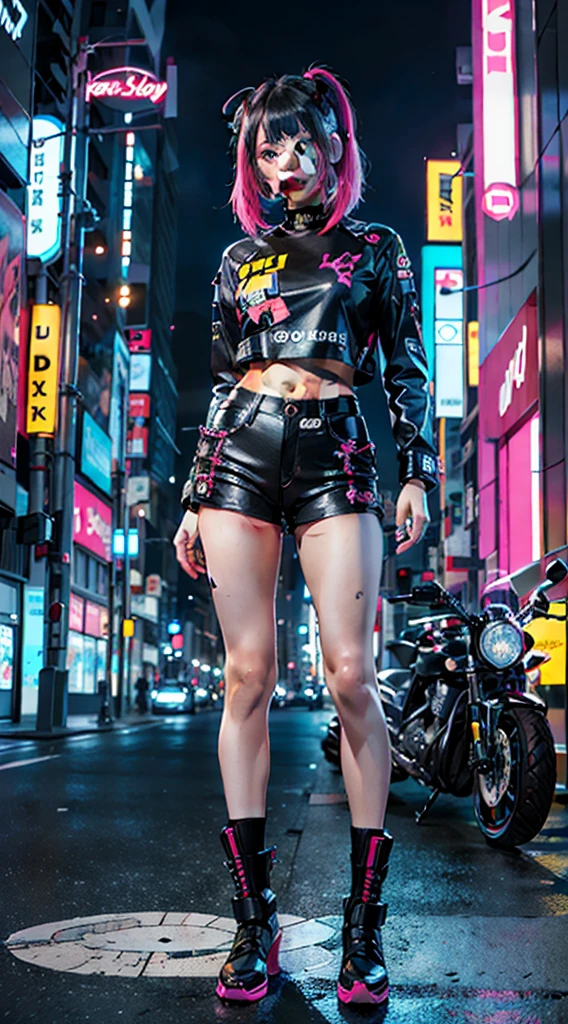masterpiece, best quality, Confident cyberpunk girl, full body shot, ((standing in front of motorcycle)), Harajuku-inspired pop outfit, bold colors and patterns, eye-catching accessories, trendy and innovative hairstyle, vibrant makeup, Cyberpunk dazzling cityscape, skyscrapers, neon signs, LED lights, bright and vivid color scheme, anime, illustration, detailed skin texture, detailed cloth texture, beautiful detailed face, intricate details, ultra detailed.