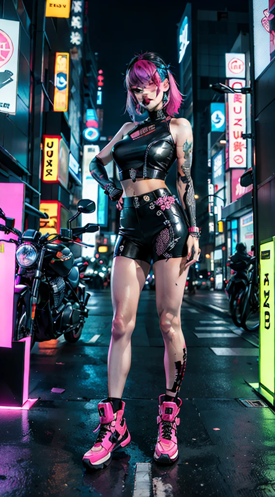 masterpiece, best quality, Confident cyberpunk girl, full body shot, ((standing in front of motorcycle)), Harajuku-inspired pop outfit, bold colors and patterns, eye-catching accessories, trendy and innovative hairstyle, vibrant makeup, Cyberpunk dazzling cityscape, skyscrapers, neon signs, LED lights, bright and vivid color scheme, anime, illustration, detailed skin texture, detailed cloth texture, beautiful detailed face, intricate details, ultra detailed.