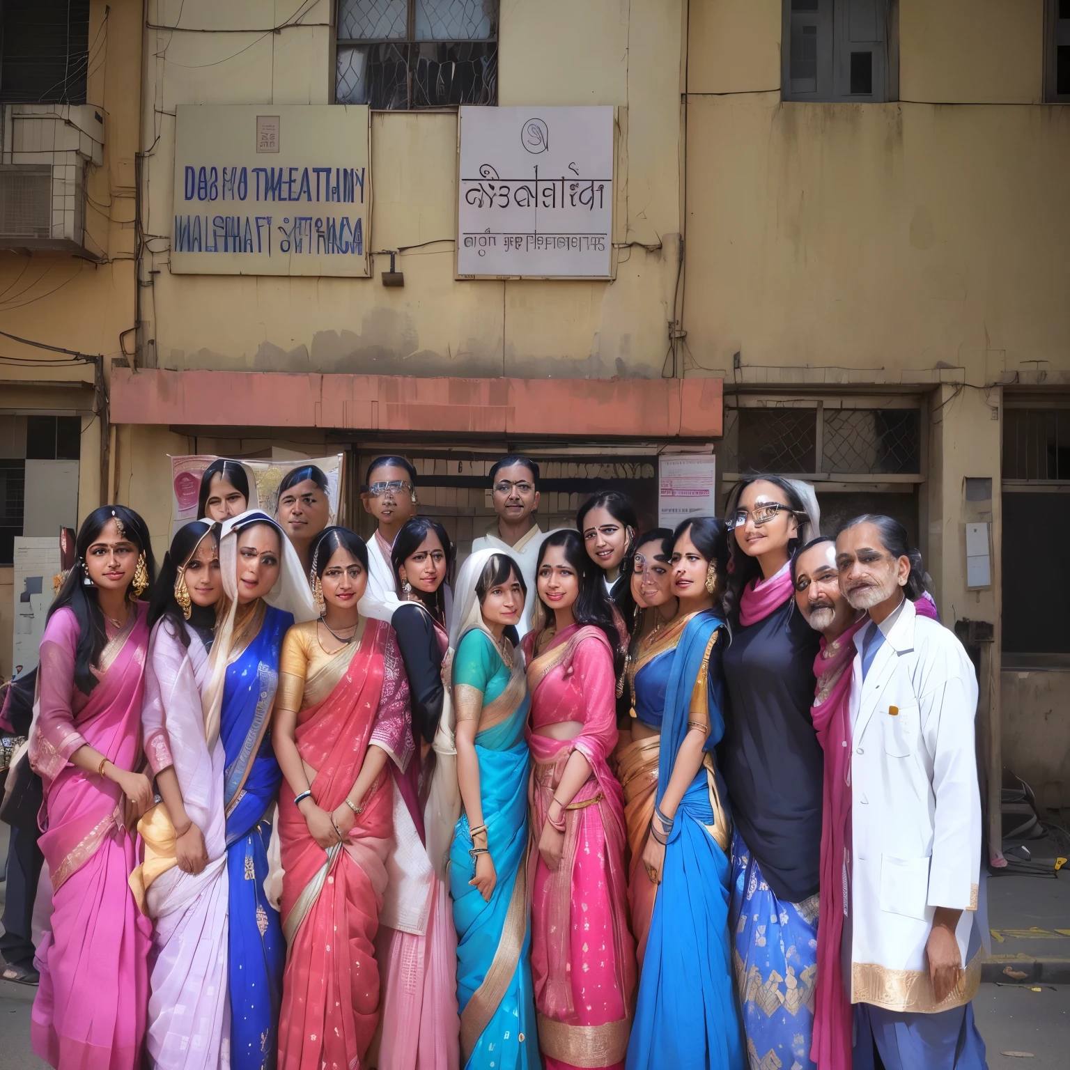 several people in saris posing for a picture outside a building, in group photograph, on cg society, historical image, wpol and sarasti, experiment in laboratory, taken with the best dlsr camera, group photo, candid picture, photo taken in 2 0 2 0, dynamic scene, digital image, posing for the camera, selfie photo, npc, posing