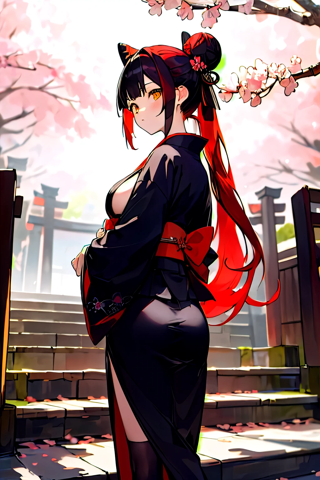 ((masterpiece,best quality)),2girls, black kimono, black legwear, black ribbon, black hair, cherry blossoms, day, flower, hair bun, hair ribbon, japanese clothes, kimono, long hair, looking at viewer, looking back, multiple girls, obi, outdoors, red eyes, red hair, ribbon, sandals, single hair bun, stairs, standing, statue, torii, tree, white kimono, yellow eyes, ass and boobs exposed