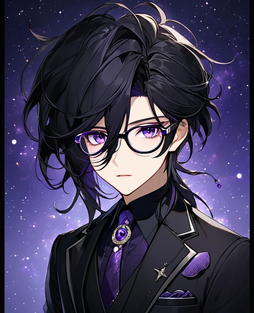 (black_hair), (deep_purple_eyes), (detailed_eyes), (attractive), (emotionless), (Deep_space_background), (male), (wearing _a_black_suit), (long_male_hair), (detailed_Hair), (detailed), (detailed_mouth), (mysterious), (complicated), (wears_transparent_glasses)