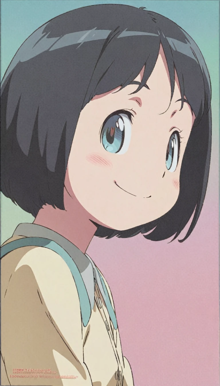 cute anime girl, black short bob hair, big expressive eyes, soft facial features, kawaii, cheerful smile, , pastel colors, high-quality, detailed, studio ghibli style"