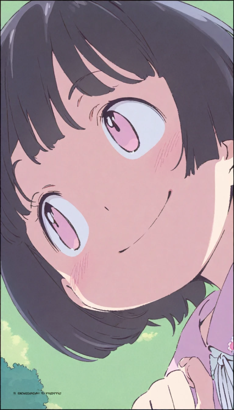 cute anime girl, black short bob hair, big expressive eyes, soft facial features, kawaii, cheerful smile, , pastel colors, high-quality, detailed, studio ghibli style"