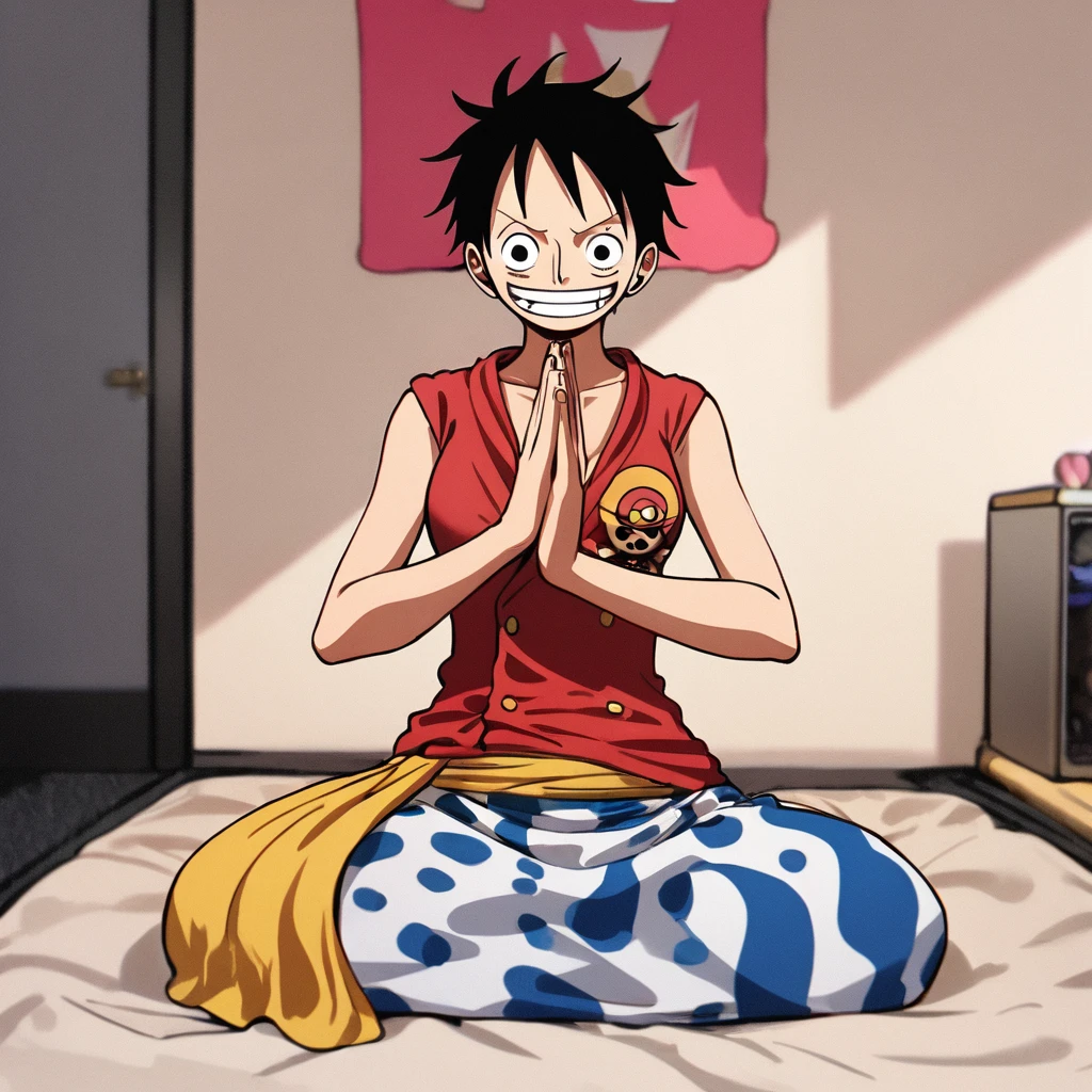 1girl, Monkey D. Luffy, One Piece,
Her hair is pink and her eyes as well, her clothes mixes pink with white colors, shes on a seiza pose, an empty and chill room