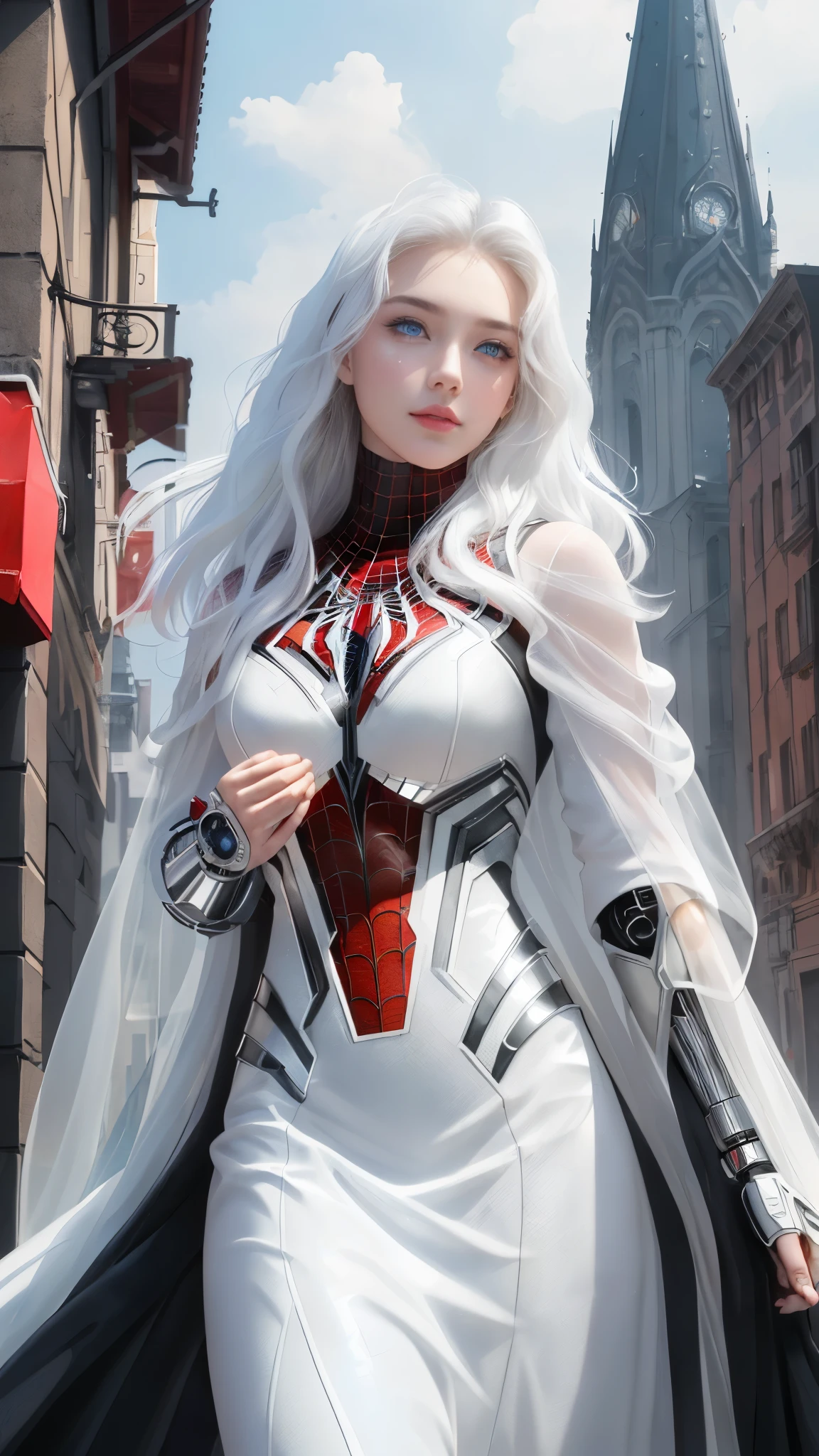 (1 girl:1.3), Alone, (((Very detailed face)))), ((Very detailed eyes and face.)))), beautifuls detalles ojos, body parts__, Official Art, unified 8k wallpaper, super detailed, beautiful and beautiful, beautiful, Masterpiece, Best Quality, Original, Masterpiece, super fine photo, Best Quality, super high resolution, realistic realism, sunlight, Full length portrait, extraordinary beauty, dynamic pose, delicate face, vibrant eyes, (FROM THE FRONT), He wears a Spider-Man suit., red and black color scheme, spider, fondo muy detallado del Ceiling de la ciudad, Ceiling, with city views, detailed face, detailed complex busy background, disordered, gorgeous, milky white, very detailed skin, realistic skin details, visible pores, clear focus, volumetric fog, 8k hd, DSLR, high quality, film grain, White skin, photographic realism, lomography, Futuristic dystopian megalopolis, translucent, eyes looking at the camera, Big , short hair,white hair ,full body,mecha,cyborg,robotic,long hair