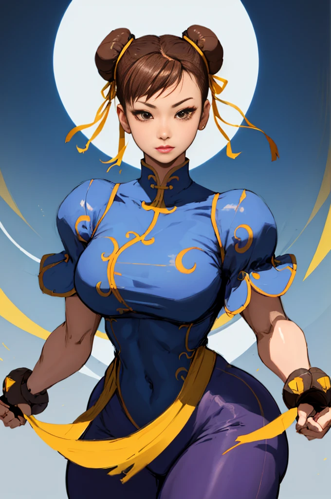 (Best Quality, 8k, 32k,1 Girl, Gigantic Breasts, Thick Thighs, Super Wide Hips, Huge Ass, Perfect Body, Ultra Detailed Face, Brown Hair, Blue Legging Pants, Chun Li, Stuck Hair, Two Buns in Hair.