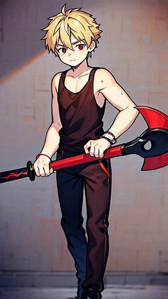 A 16 year old, he has blonde hair, and vibrant red eyes, he wears an old red shirt, and a black tank top, and carries a scythe as a weapon