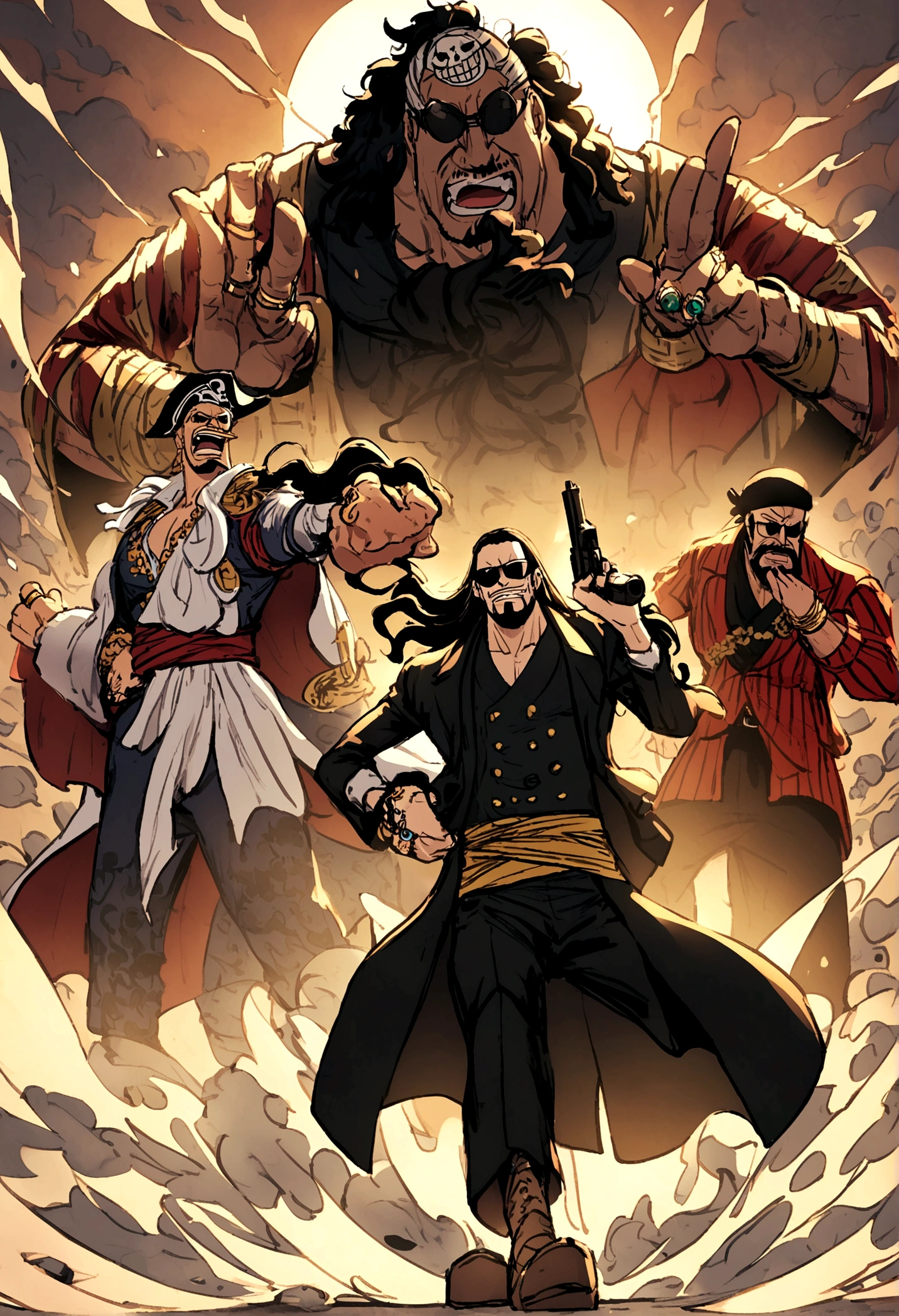 anime、one piece、Four Emperors、pirate、Blackbeard、Nose corners、Gatai is good、sunglasses、Bad guy、gun、sake、Second Dimension、Long Hair、ring

