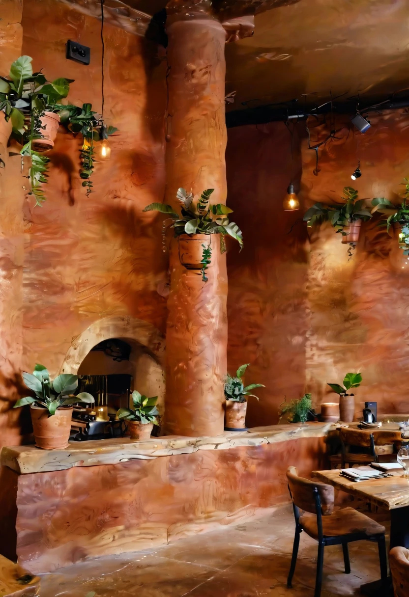 Restaurant interior, clay walls, natural clay columns, rustic wooden tables, rustic chairs, handcrafted look, natural textures, soft lighting, clay pendant lights, potted plants, greenery, cozy, welcoming,  masterpiece, (realistic:1.2) 8k uhd, dslr, soft lighting, high quality
