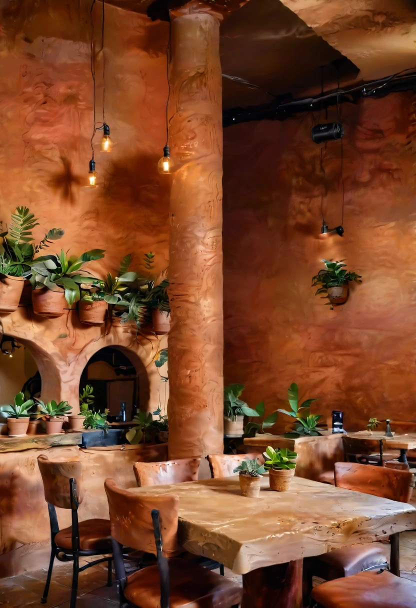 Restaurant interior, clay walls, natural clay columns, rustic wooden tables, rustic chairs, handcrafted look, natural textures, soft lighting, clay pendant lights, potted plants, greenery, cozy, welcoming, masterpiece, (realistic:1.2) 8k uhd, dslr, soft lighting, high quality