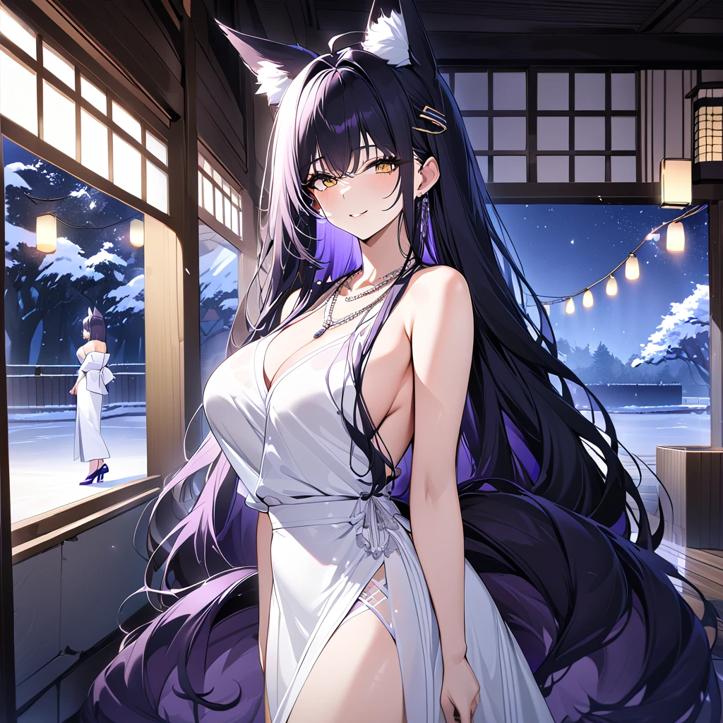 A woman wearing a luxurious white dress with dark purple details, purple heels, large breasts, exposed shoulders, dark purple hair, long hair, kitsune ears, kitsune tails, multi tails, dark purple tails, yellow eyes, smiling, close view, silver necklace on neck, hair clip on head, walking outside a traditional Japanese house, standing, night place with lighting, standing posture on ice rink, ultra resolution, clear, masterpiece, 8K HD (women solo)