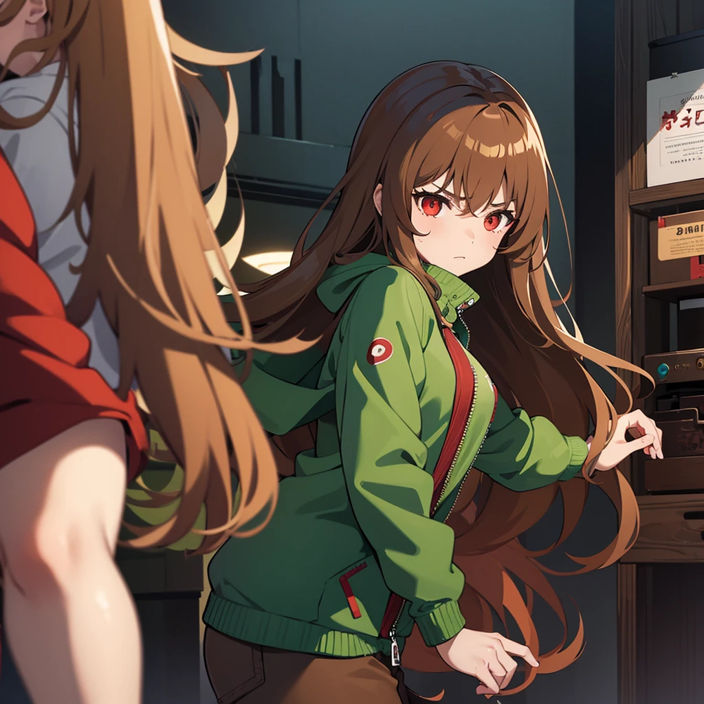 A girl character with long brown hair, styled in waves, and red eyes, wearing a green zipper jacket and long brown pants, with a moody expression and flushed.