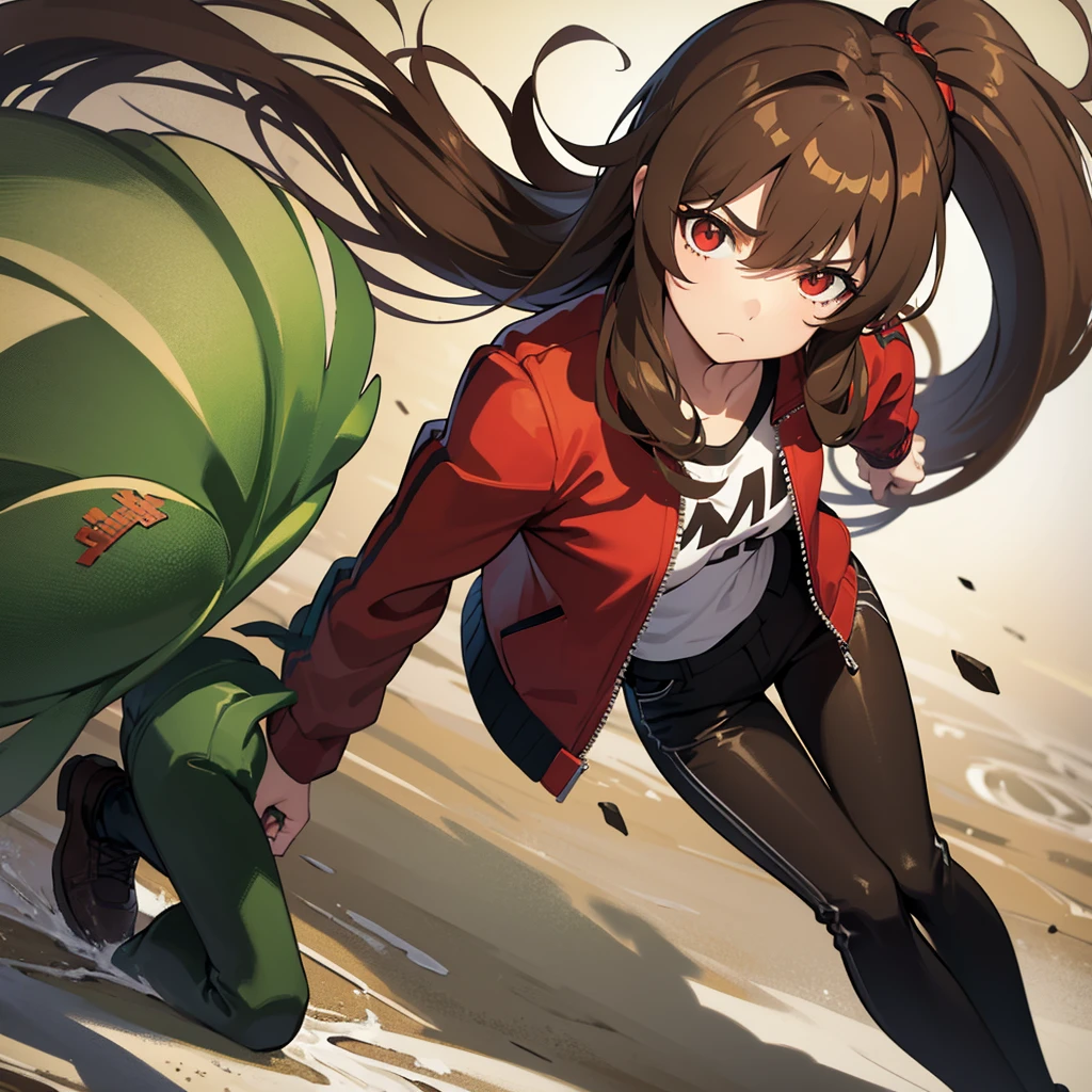 A girl character with long brown hair, styled in waves, and red eyes, wearing a green zipper jacket and long brown pants, with a moody expression and flushed.