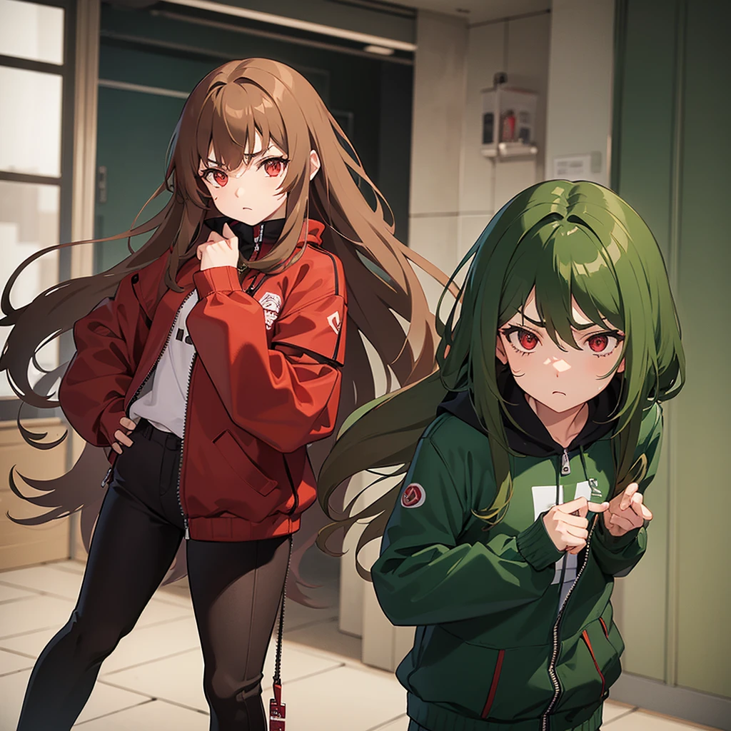 A girl character with long brown hair, styled in waves, and red eyes, wearing a green zipper jacket and long brown pants, with a moody expression and flushed.