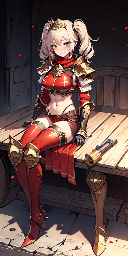 elegant adult female, blonde, green eyes (yellow eyelashes) crown, turtleneck, full body sitting on a bench, showing ass to me, RED breastplate, RED skin (1SologirlRED skin:1.2), looking at viewer, shiny, armor, thigh highs, high boots, pauldrons shoulder armor, faulds, poleyn, RED gloves gauntlets, rerebrace, RED military armored boots, yordle muscular lean platinum blonde long twin tails hairstyle at the bedroom lustful smirking smile face red blushed, blush, strong abs, female body builder, tiara, twin drills hair, (masterpiece, best quality, ultra detailed, best shadow)