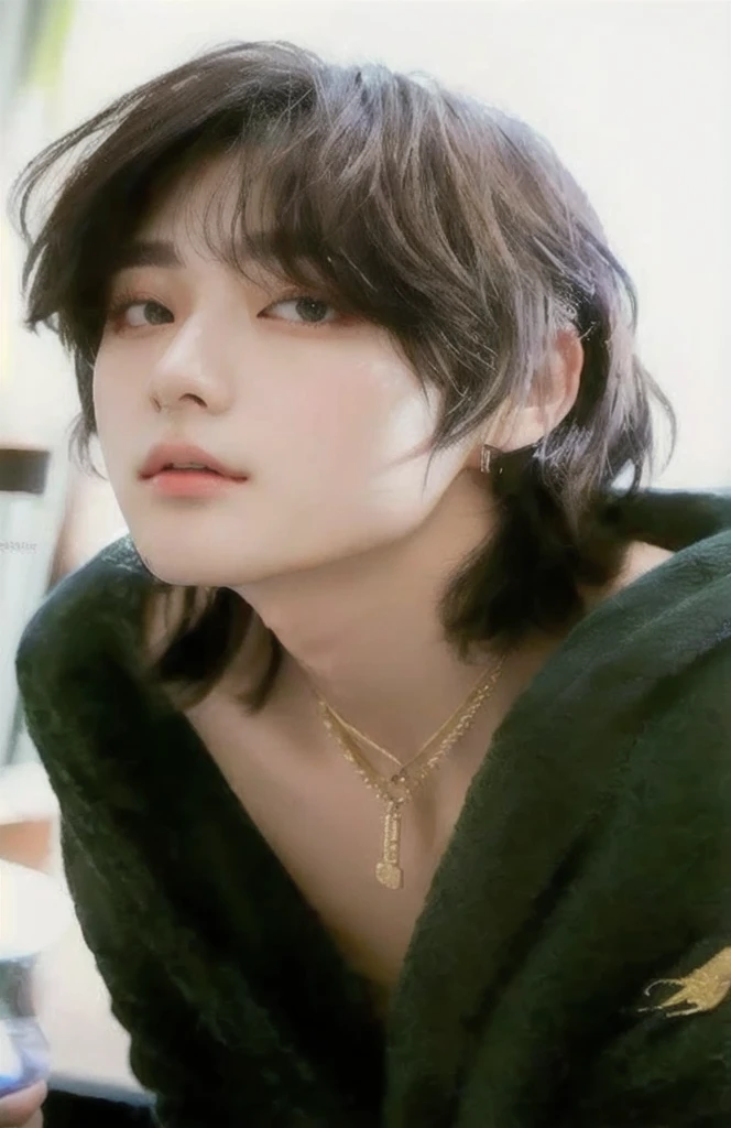 a close up of a person wearing a green robe and a necklace, jung jaehyun, jinyoung shin, sui ishida with black hair, cai xukun, inspired by Zhang Han, male ulzzang, hyung tae, young wan angel, steven jung, hong june hyung, with short hair, wan adorable korean face, kpop boy, Korean face, Kim taehyung bts, bts, Kim taehyung, Korean male face