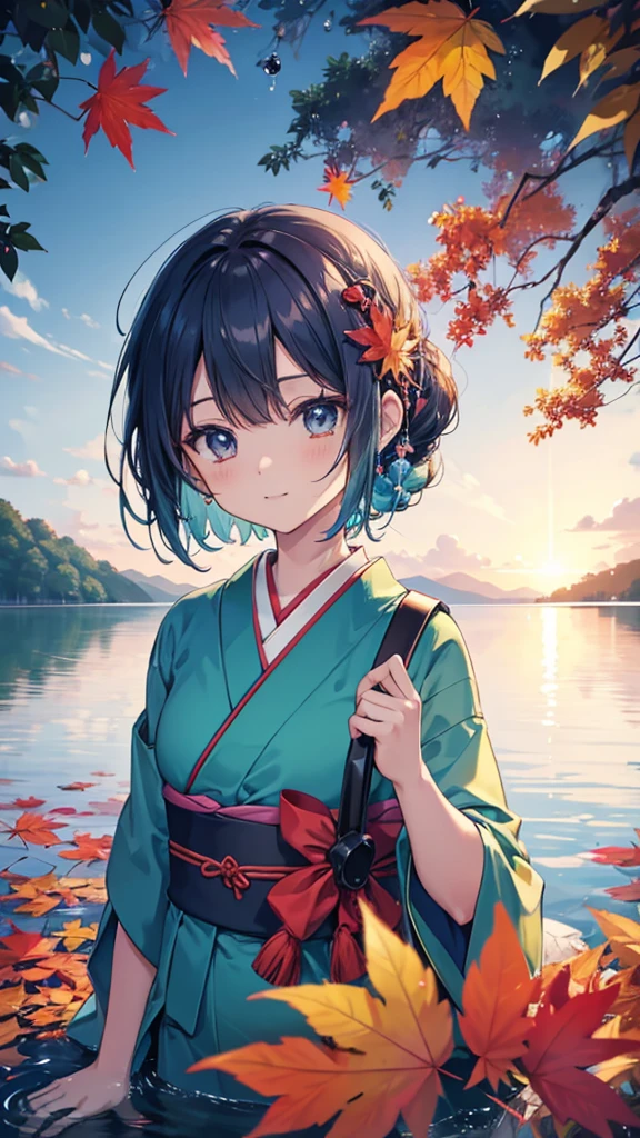 
4k picture quality, HD, Vibrant colors, Japanese cartoons, Lake environment, close up, Dew drops fall from leaves into the lake
