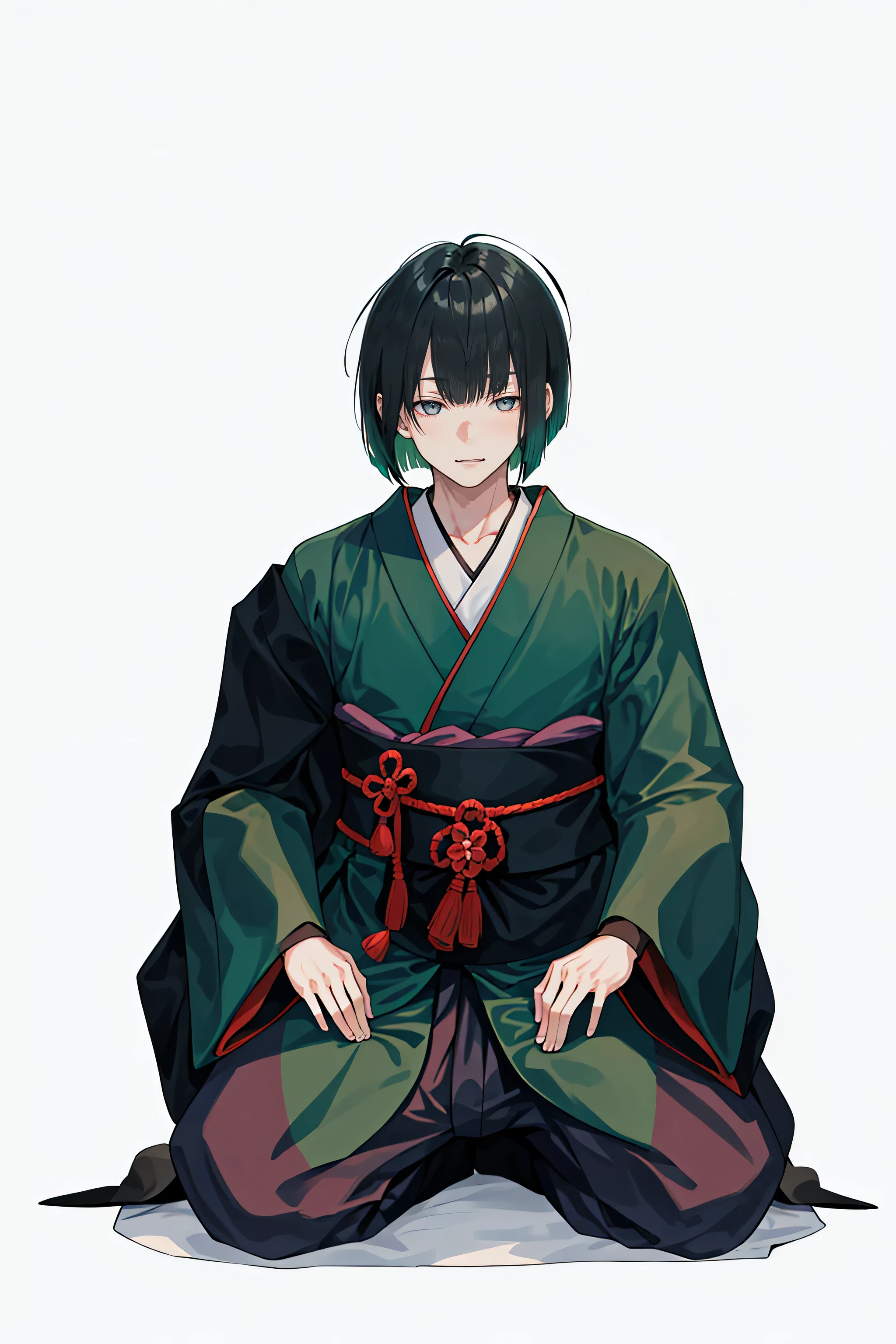 1 boy, 24 years old, full body, blunt bangs, bob cut, dark green hair, ((transparent background)),(solo),standing,{{{{Japanese monk}}}}},(wearing shoes on feet),{{wearing an article of clothing in the same manner as a kasaya}}},{{glaze}},{{Hair shine}},((is wearing Japanese Monk’s Clothing)),good young man, beautiful detailed eyes,gray eyes,black hair,good looking,((an extremely delicate and beautiful)),make the eyes the same shape and color on both sides, seiza, from front,