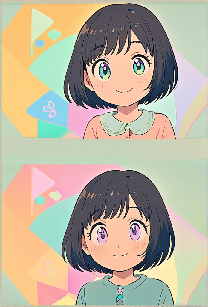 beautiful anime girl, black short bob hair, big expressive eyes, soft facial features, cheerful smile, , pastel colors, high-quality, detailed, studio ghibli style"