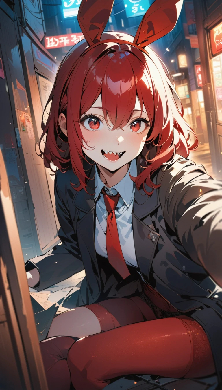 quality\(masterpiece, best quality,8K,非常に精細なCGユニットのwallpaper,High resolution,top-quality,top-quality real texture skin,Surreal,Increase the resolution,RAW Photos,最高quality,Very detailed,wallpaper\), break ,A girl in a black trench coat\(Girl,cute,Red hair,Red Bunny Girl, Red Pantyhose, Red Garter Belt, Red Eye,Big eyes,Eyes Shining,Drinking blood,smile,Sharp teeth,Open your mouth,\), break ,background(outside,night,neon,Backstreets)