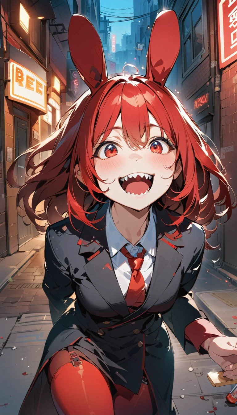 quality\(masterpiece, best quality,8K,非常に精細なCGユニットのwallpaper,High resolution,top-quality,top-quality real texture skin,Surreal,Increase the resolution,RAW Photos,最高quality,Very detailed,wallpaper\), break ,A girl in a black trench coat\(Girl,cute,Red hair,Red Bunny Girl, Red Pantyhose, Red Garter Belt, Red Eye,Big eyes,Eyes Shining,Drinking blood,smile,Sharp teeth,Open your mouth,\), break ,background(outside,night,neon,Backstreets)