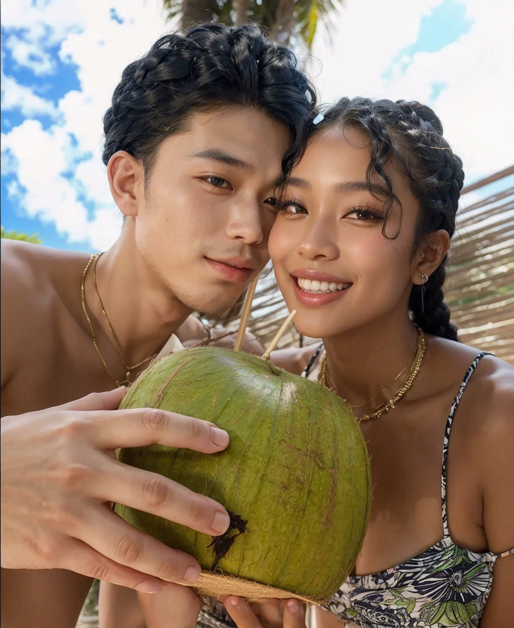 An Asian man with black, wavy hair with a pout on his lips and a black woman smiling with the coconut straw they are holding and braids in her hair 