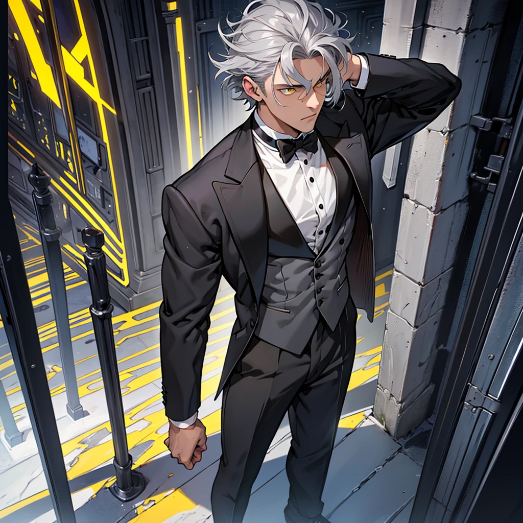 A 15 year old boy, only a one boy, weak body, fragile body, no muscles, big gray hair, gray hair, big hair, yellow eyes, suit, wearing a black suit, tuxedo, wearing tuxedo, medieval background , Ultra HD 4k, 4k, Ultra HD