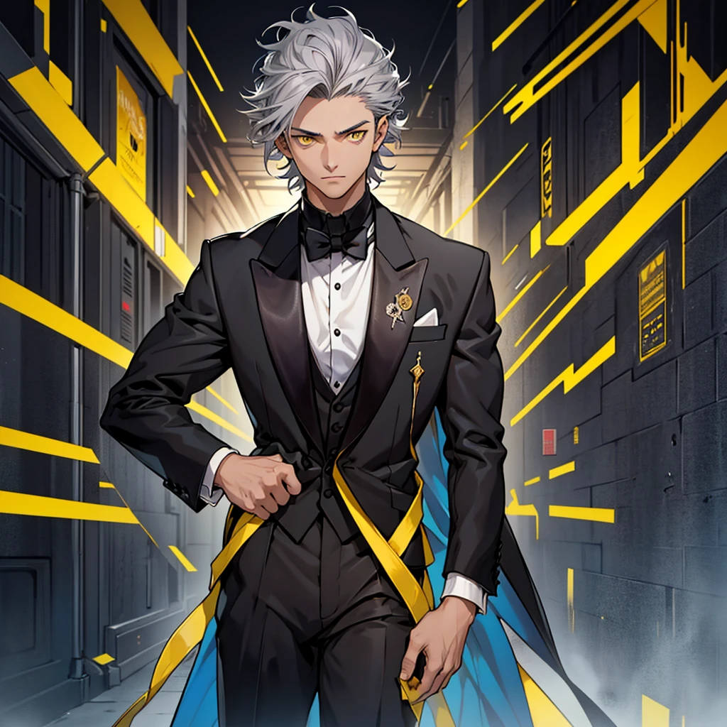 A 15 year old boy, only a one boy, weak body, fragile body, no muscles, big gray hair, gray hair, big hair, yellow eyes, suit, wearing a black suit, tuxedo, wearing tuxedo, medieval background , Ultra HD 4k, 4k, Ultra HD