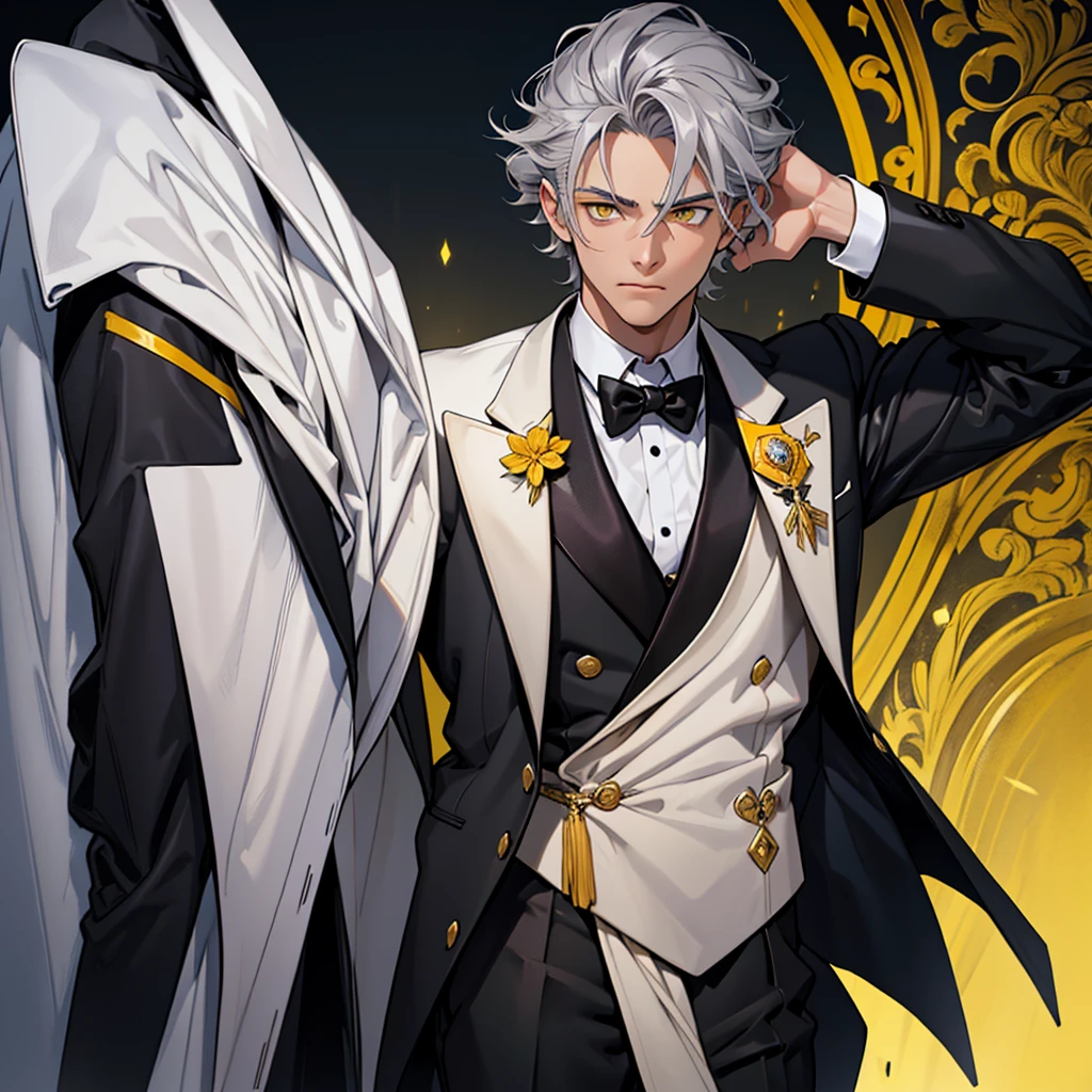 A 15 year old boy, only a one boy, weak body, fragile body, no muscles, big gray hair, gray hair, big hair, yellow eyes, suit, wearing a black suit, tuxedo, wearing tuxedo, medieval background , Ultra HD 4k, 4k, Ultra HD